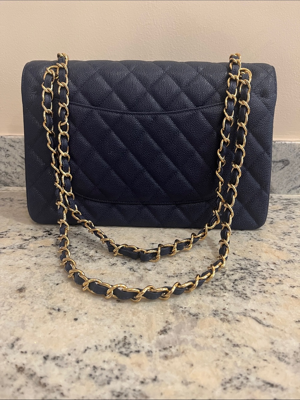 Quilted Navy Gold Chain Shoulder Bag